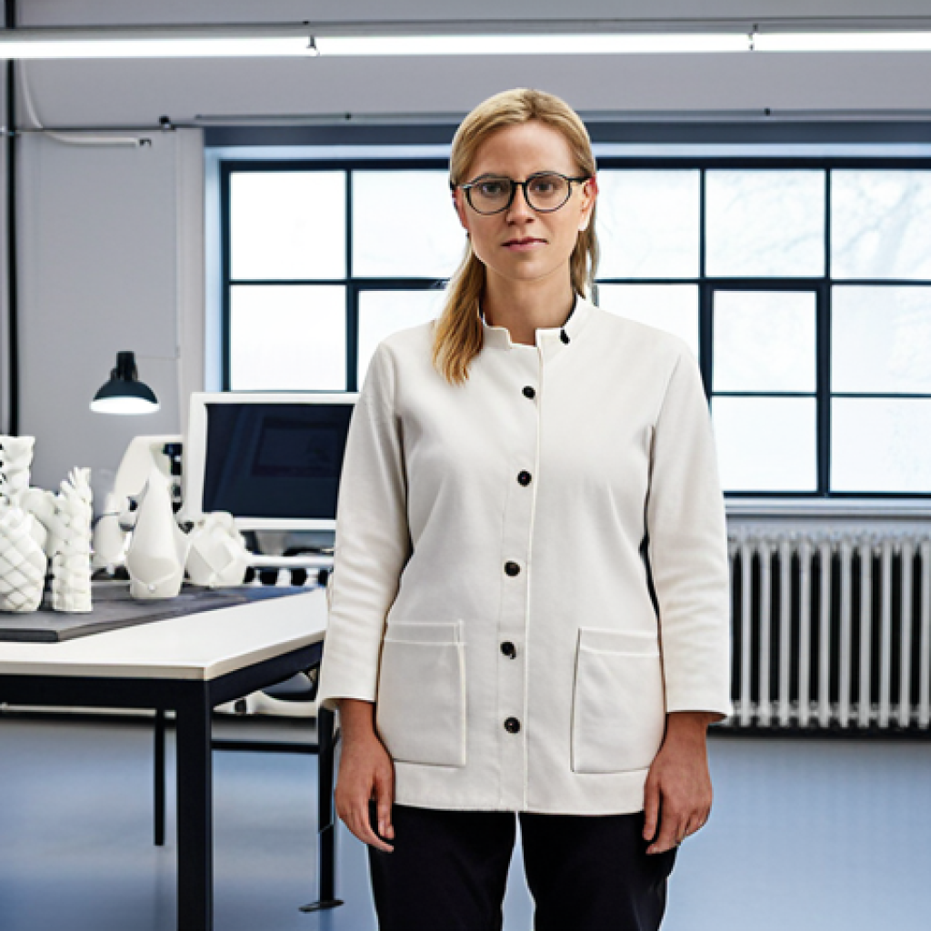 **A modern Swedish ceramist, a woman in her 30s, stands confidently in a minimalist, bright workshop. She is surrounded by sleek, futuristic ceramic prototypes being created by a sophisticated 3D printer. On a large monitor behind her, complex CAD designs and molecular structures of advanced composite materials are displayed. The scene emphasizes innovation, nanotechnology, and the integration of digital tools in ceramic production, with a clean, Scandinavian aesthetic.**