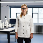 **A modern Swedish ceramist, a woman in her 30s, stands confidently in a minimalist, bright workshop. She is surrounded by sleek, futuristic ceramic prototypes being created by a sophisticated 3D printer. On a large monitor behind her, complex CAD designs and molecular structures of advanced composite materials are displayed. The scene emphasizes innovation, nanotechnology, and the integration of digital tools in ceramic production, with a clean, Scandinavian aesthetic.**