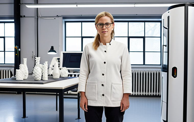 **A modern Swedish ceramist, a woman in her 30s, stands confidently in a minimalist, bright workshop. She is surrounded by sleek, futuristic ceramic prototypes being created by a sophisticated 3D printer. On a large monitor behind her, complex CAD designs and molecular structures of advanced composite materials are displayed. The scene emphasizes innovation, nanotechnology, and the integration of digital tools in ceramic production, with a clean, Scandinavian aesthetic.**