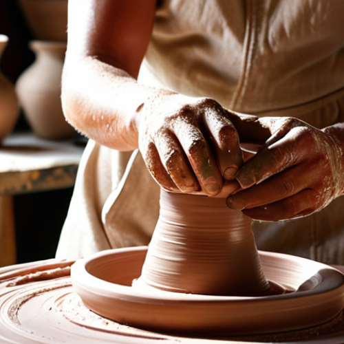 Home 8 **A ceramic artist's hands shaping clay on a pottery wheel in a sunlit studio. Tools and colorful glazes are scattered around. Focus on the texture of the clay and the artisan's focused expression.**