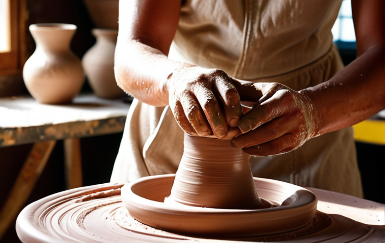 **A ceramic artist's hands shaping clay on a pottery wheel in a sunlit studio. Tools and colorful glazes are scattered around. Focus on the texture of the clay and the artisan's focused expression.**