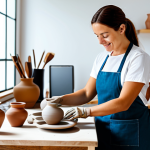 A professional ceramist in a modest work apron, meticulously shaping clay on a pottery wheel in a bright, modern studio. In the background, a tablet displays her finished ceramic pieces online, connecting her traditional craft with digital marketing. The scene embodies the blend of artisanal skill and modern business practices, highlighting the unique narrative of handmade items. She wears appropriate attire, is fully clothed, safe for work, professional, and family-friendly. Perfect anatomy, correct proportions, natural pose, well-formed hands, proper finger count, natural body proportions, appropriate content.