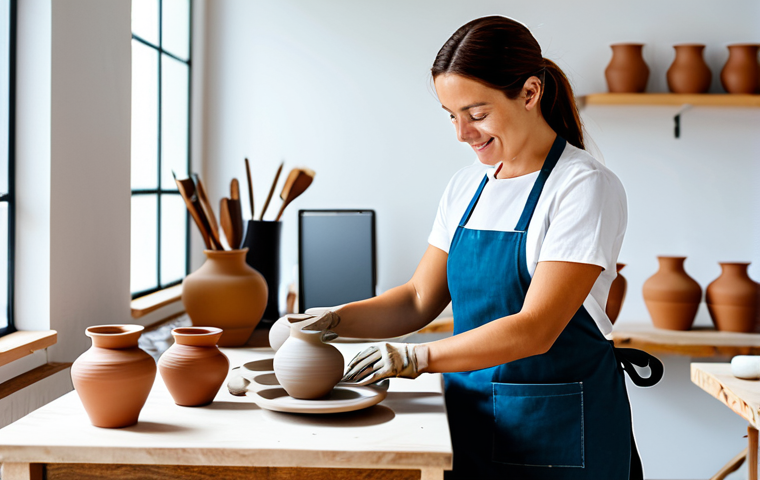 A professional ceramist in a modest work apron, meticulously shaping clay on a pottery wheel in a bright, modern studio. In the background, a tablet displays her finished ceramic pieces online, connecting her traditional craft with digital marketing. The scene embodies the blend of artisanal skill and modern business practices, highlighting the unique narrative of handmade items. She wears appropriate attire, is fully clothed, safe for work, professional, and family-friendly. Perfect anatomy, correct proportions, natural pose, well-formed hands, proper finger count, natural body proportions, appropriate content.