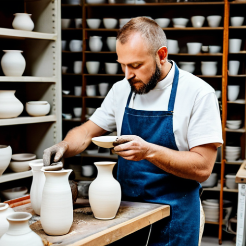 **

"A professional ceramic artist, fully clothed in a modest and practical workshop apron, carefully inspects a newly fired porcelain vase. The workshop is bright and airy, filled with shelves of finished pottery and tools. Safe for work, appropriate content, perfect anatomy, natural proportions, professional studio photography, high quality, family-friendly."

**