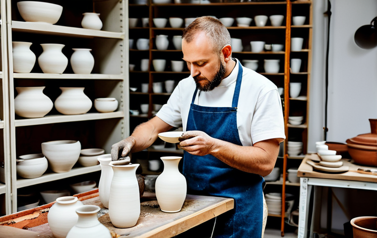**
"A professional ceramic artist, fully clothed in a modest and practical workshop apron, carefully inspects a newly fired porcelain vase. The workshop is bright and airy, filled with shelves of finished pottery and tools. Safe for work, appropriate content, perfect anatomy, natural proportions, professional studio photography, high quality, family-friendly."
**