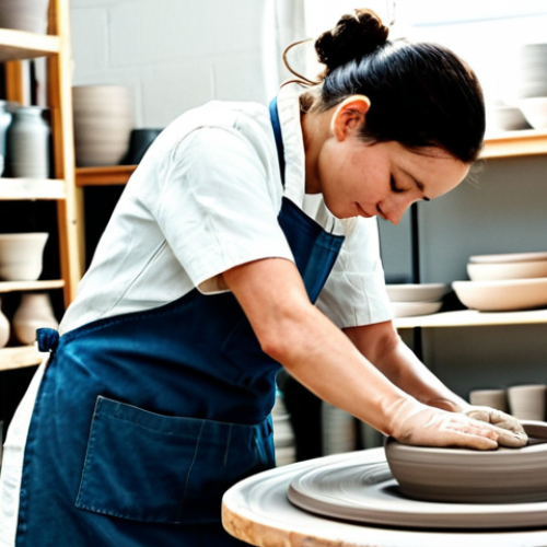 **

"A ceramic artist in a bright, airy studio, fully clothed in practical work clothes, carefully shaping clay on a pottery wheel. Shelves in the background are filled with finished and drying pieces. Natural light floods the room. safe for work, appropriate content, fully clothed, professional, perfect anatomy, correct proportions, natural pose, well-formed hands, proper finger count, natural body proportions, high quality."

**