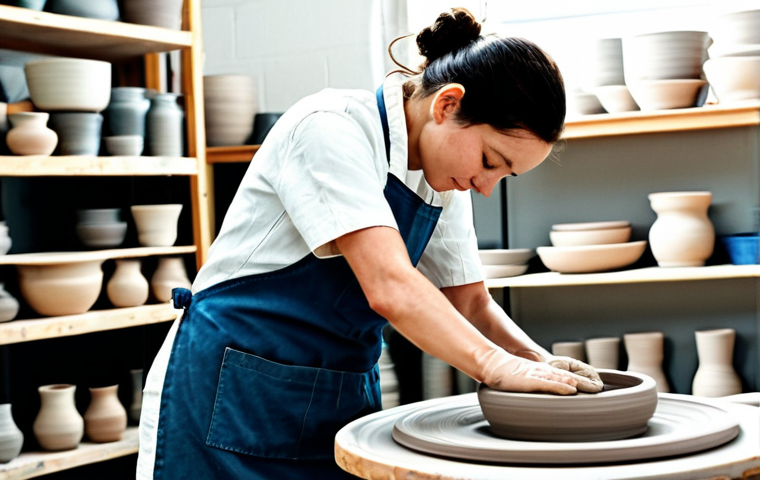 **

"A ceramic artist in a bright, airy studio, fully clothed in practical work clothes, carefully shaping clay on a pottery wheel. Shelves in the background are filled with finished and drying pieces. Natural light floods the room. safe for work, appropriate content, fully clothed, professional, perfect anatomy, correct proportions, natural pose, well-formed hands, proper finger count, natural body proportions, high quality."

**