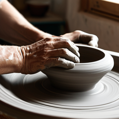 세라믹 디자인 교육 과정 - The Meditative Embrace of Clay**
"A close-up, high-definition shot of an artisan's hands, with natur...