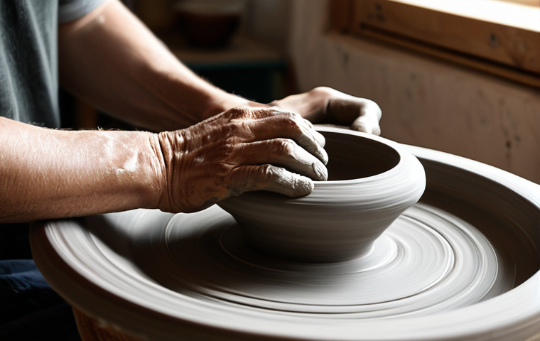 세라믹 디자인 교육 과정 - The Meditative Embrace of Clay**
"A close-up, high-definition shot of an artisan's hands, with natur...