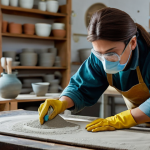세라믹 작업 현장 안전 수칙 - **Prompt 1: Diligent Potter Ensuring Dust Safety**
    A focused potter, approximately 30-40 years o...