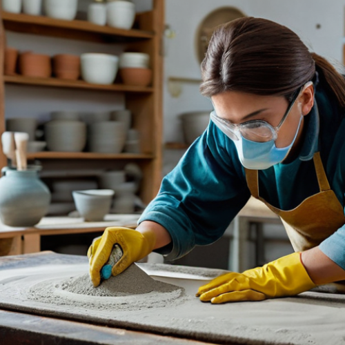 세라믹 작업 현장 안전 수칙 - **Prompt 1: Diligent Potter Ensuring Dust Safety**
    A focused potter, approximately 30-40 years o...