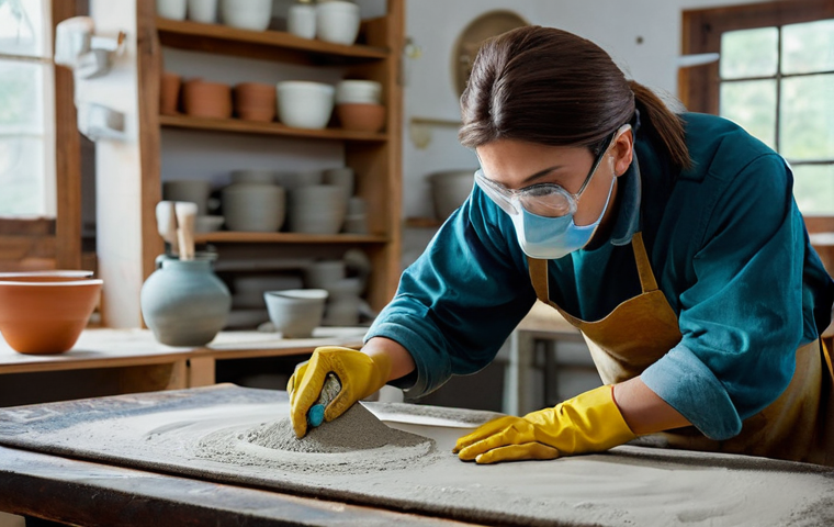 세라믹 작업 현장 안전 수칙 - **Prompt 1: Diligent Potter Ensuring Dust Safety**
    A focused potter, approximately 30-40 years o...
