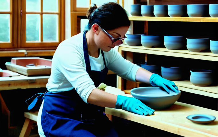 세라믹 작업 현장 안전 수칙 - **Prompt 1: Diligent Potter Ensuring Dust Safety**
    A focused potter, approximately 30-40 years o...